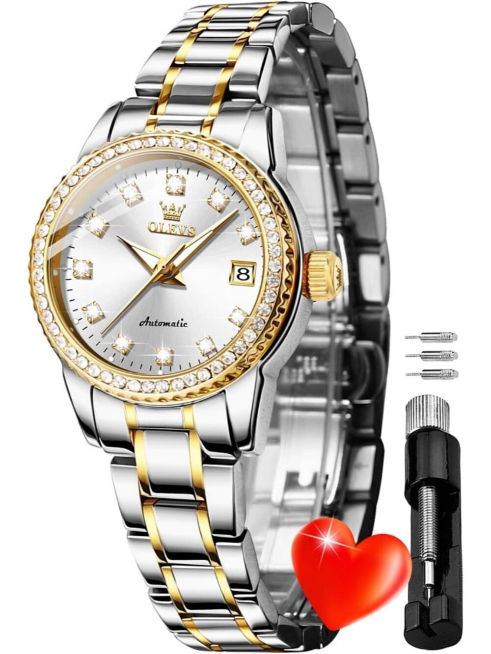 Women's White Automatic Diamond Luxury Mechanical Stainless Steel Wrist Watches